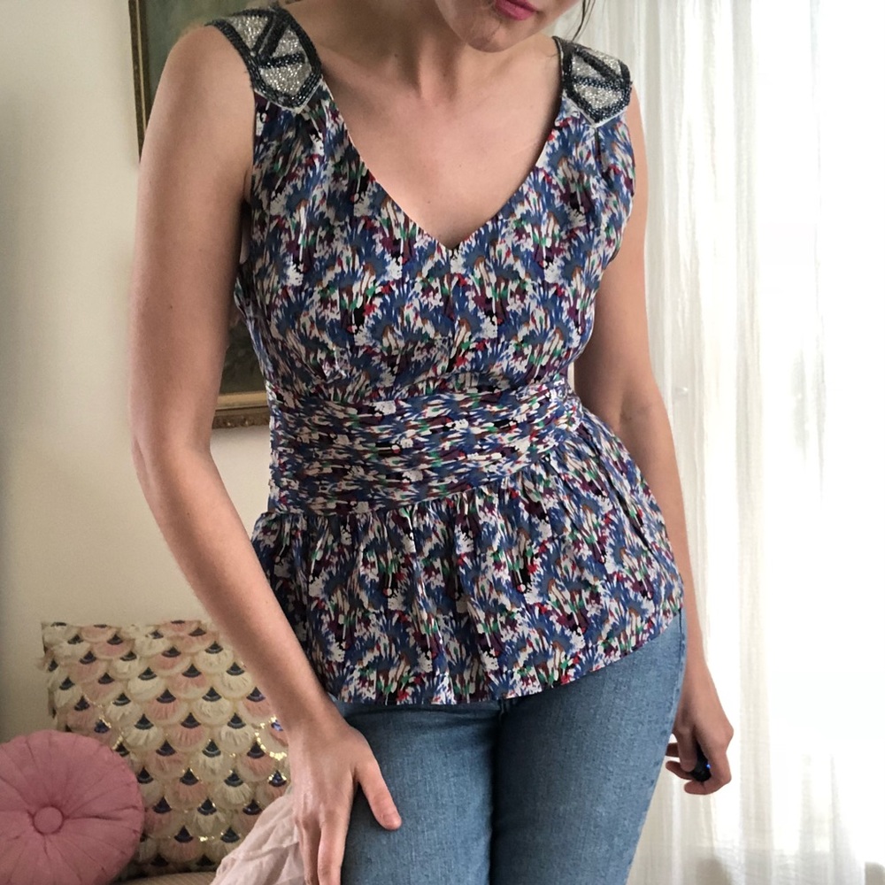 Anthropologie silk beaded peplum top